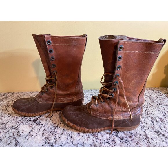 Vintage Mens Duck Boots Size 9 Brown Leather Rubber Material Lace-Up Style - Picture 2 of 7